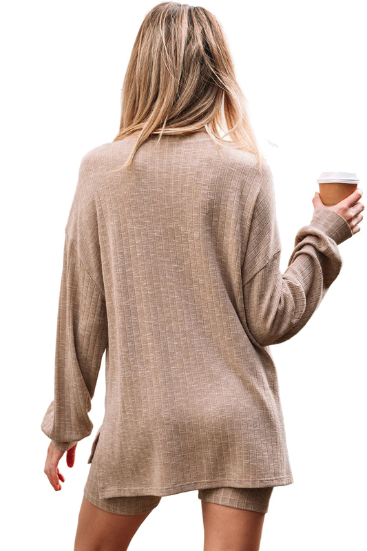 Dark Khaki Ribbed Balloon Sleeve Pullover Top and Biker Knitted Short Set