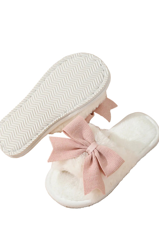White Bow Knot Decor Open Toe Plush Slippers